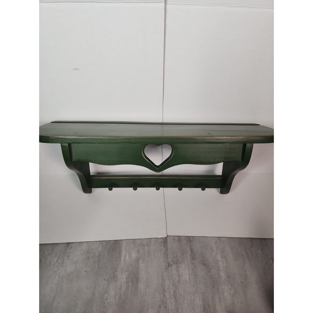 Vintage Green Wood Heart Shelf Five Hooks Cottage Country Distressed 23"